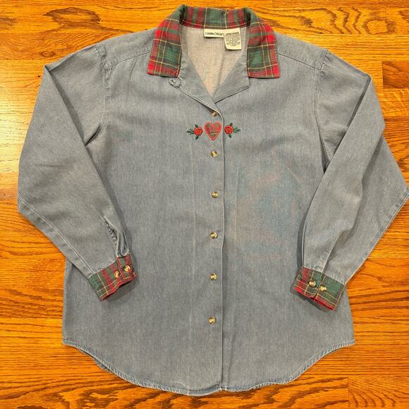 VTG Cabin Creek Women's L Denim Button Up Heart Roses Embroidery Cottage Core - Picture 1 of 10